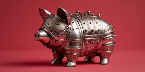 Metal armored pig on red background: steel, protection, strength, art, sculpture