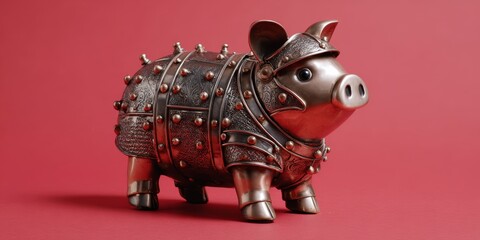 Armored piggy bank on red background