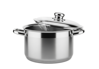 Stainless steel cooking pot with steam rising, set against a clean kitchen countertop background