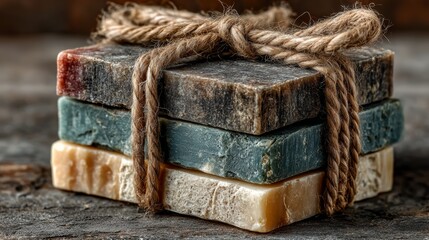 Rustic handmade soap bars tied with twine on wooden surface