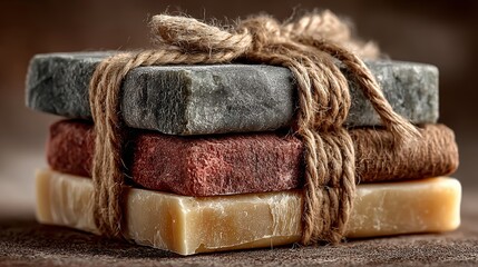 Natural handmade soap bars tied with jute rope on rustic background