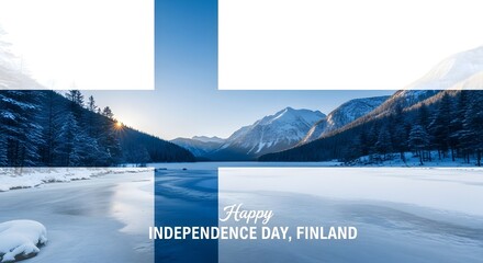 Finnish flag overlayed on a snowy mountain landscape