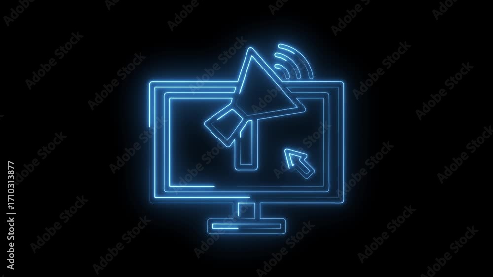 Poster neon computer screen with megaphone and cursor animation glowing brightly for digital marketing