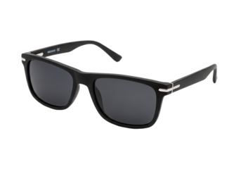 Stylish black sunglasses with a sleek design, resting on a reflective surface, ideal for summer fashion