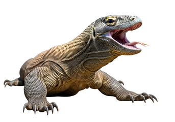 Fototapeta premium A komodo dragon, mouth agape, displays its formidable features against a stark black backdrop.