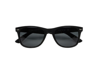 Stylish black sunglasses with dark lenses positioned centrally against a plain background