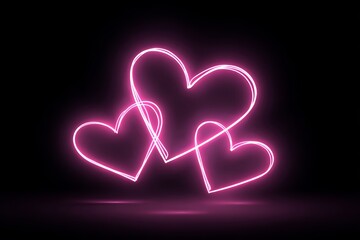 Glowing neon pink hearts on black background