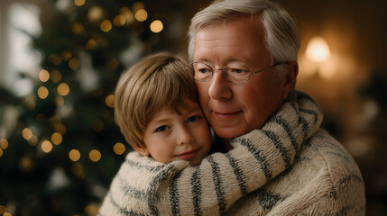 Obraz premium Christmas and generation alpha: Grandfather and grandson feel warmth of family bonds during special Christmas moment, hugging each other tenderly