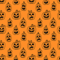 Assorted Jack O Lantern Pumpkins Line Art Illustration on Orange Seamless Pattern Design