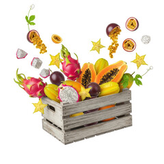 Vibrant assortment of exotic fruits bursting from a rustic wooden crate, showcasing freshness and variety