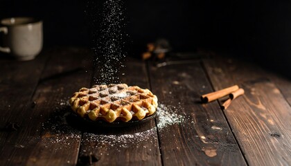 A delectable waffle, dusted with powdered sugar, sits on a dark plate, illuminated on a rustic wooden surface.