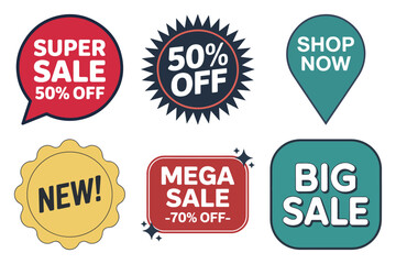 Sale sticker and promotion label set with bold badge, speech bubble, starburst and map pin shapes for online shop, vector