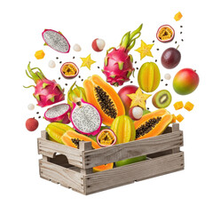 Vibrant assortment of exotic fruits bursting from a wooden crate, showcasing tropical colors and textures