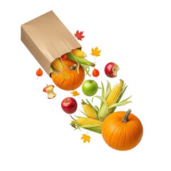 Vibrant assortment of fresh vegetables and fruits spilling from a paper bag, showcasing autumn harvest