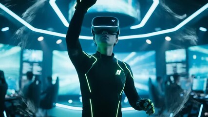 Person wearing VR headset in a futuristic environment, interacting with virtual reality.