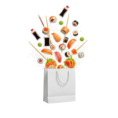 Vibrant assortment of sushi rolls and ingredients bursting from a white takeout bag against a clean backdrop