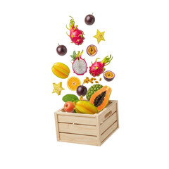 Vibrant assortment of tropical fruits bursting from a wooden crate against a clean, white backdrop