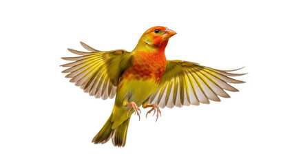 Isolated Red-headed Fody male spreading wings, perching with claws, Madagascar, bird