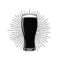 Illustration of a pint glass filled with dark beer against a sunburst background.