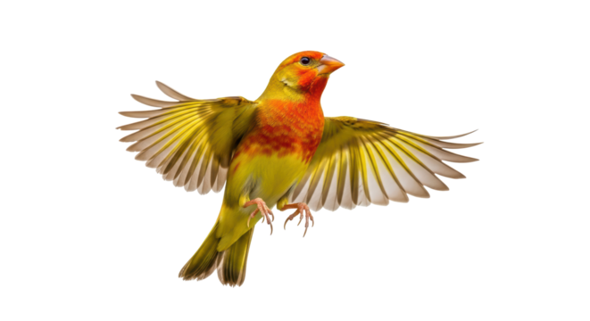 Isolated Red-headed Fody male spreading wings, perching with claws, Madagascar, bird