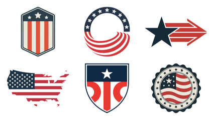 Patriotic usa badge and emblem set with star, stripe, shield, map silhouette and circular seal in red, white and blue, vector