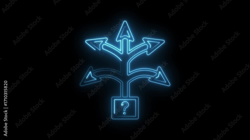Poster glowing arrows from question mark symbolizing choices and directions on black background video