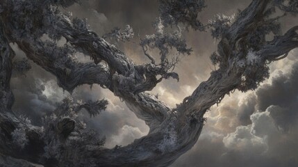Majestic Ancient Tree Reaching Skyward, Moody Atmospheric Painting, Dramatic Clouds.