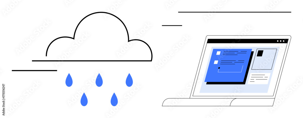 Poster cloud releasing raindrop data aligned with a laptop screen representing online storage and digital t