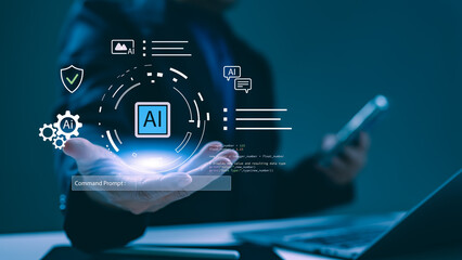 Businessman's hand holds futuristic artificial intelligence hologram. Virtual interface displays command prompt, programming code, machine learning, chatbot, automation, generative AI, cybersecurity
