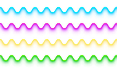 Neon glowing transparent seamless gradient wave with blue purple green yellow line decoration for waveform abstract dynamic waves decorative background animation light effect design