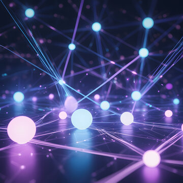 This image presents a stunning abstract representation of a digital network or interconnected system. Numerous glowing orbs, predominantly in shades of blue and purple, are linked by radiant lines, cr