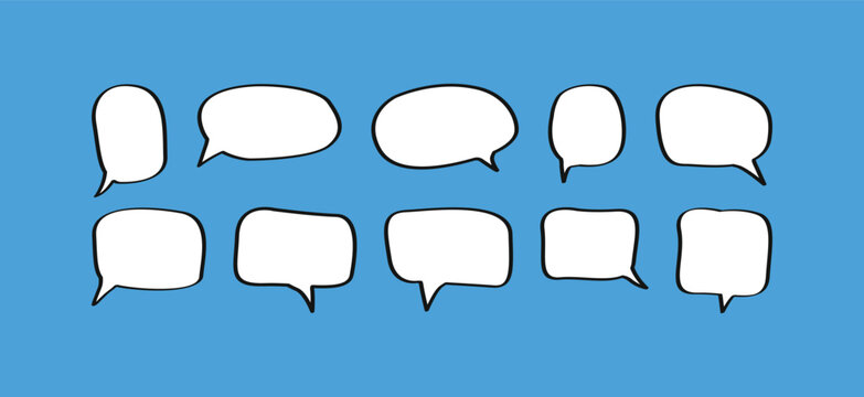 A set of ten diverse hand-drawn speech bubbles with a bold, black outline on a solid blue background. Includes various shapes and sizes, ideal for comics, dialogue, and communication themes
