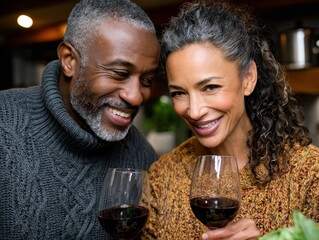Joyful couple together enjoying wine in a cozy kitchen expressions of love and happiness