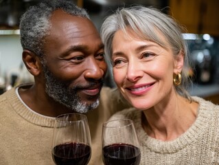 Joyful couple together sharing wine in cozy kitchen love expressions captured intimate environment