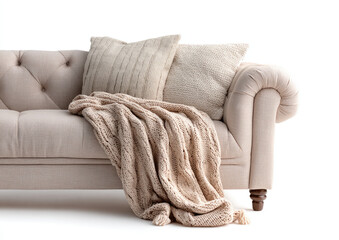Beige sofa with knitted throws and pillows
