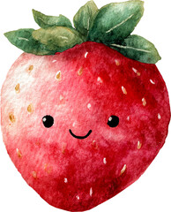 Cute Watercolor Kawaii Strawberry with Smiling Faces