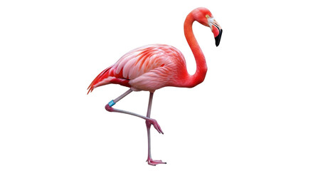 Isolated flamingo standing on one leg in studio, tropical bird animal in vibrant colors