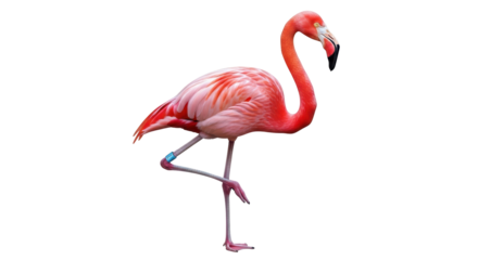 Isolated flamingo standing on one leg in studio, tropical bird animal in vibrant colors