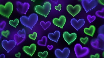 Vibrant green and purple neon hearts on dark background
