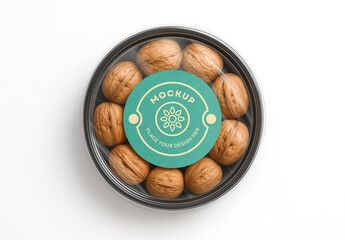 Walnut Snack Round Plastic Food Container Packaging Mockup with Label