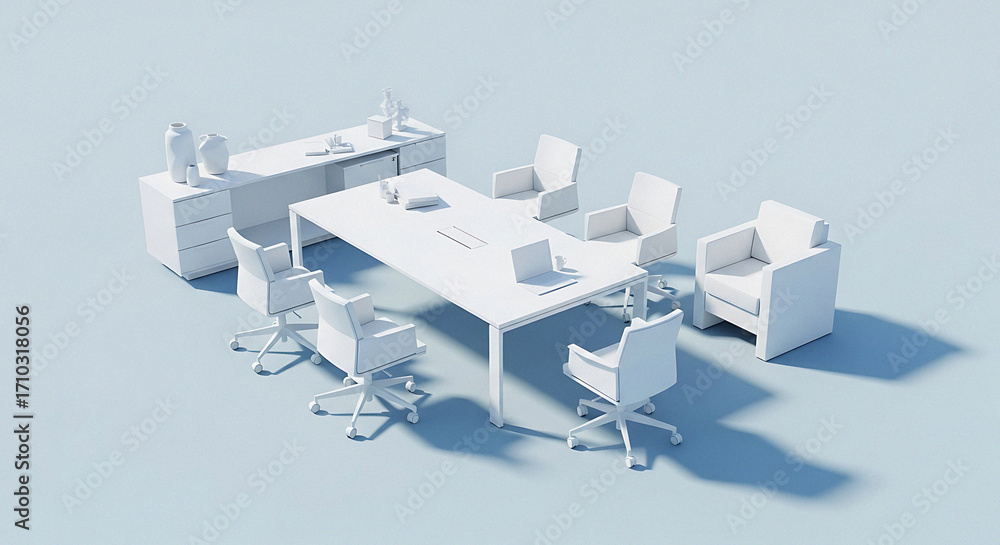 Poster modern meeting room setup with white table and chairs creating a professional workspace environment