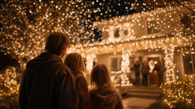 Christmas and generation alpha: Family gazes in wonder at house adorned with festive lights, feeling warmth of holiday spirit