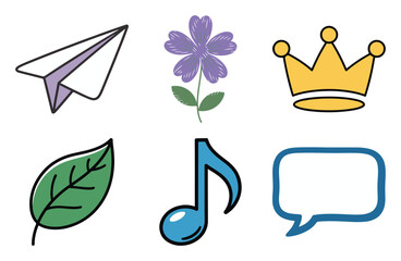 Hand drawn icon set with paper plane, flower, crown, leaf, music note and chat bubble for sticker and app design, vector