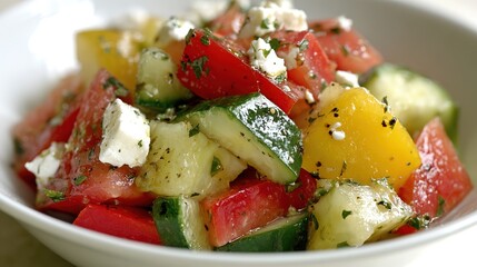 Fresh vegetable salad with cheese in a white bowl - Healthy and vibrant meal for a balanced diet
