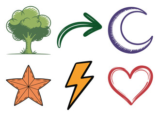 Hand drawn symbol set with tree, curved arrow, crescent moon, star, lightning bolt and heart for playful graphic design, vector