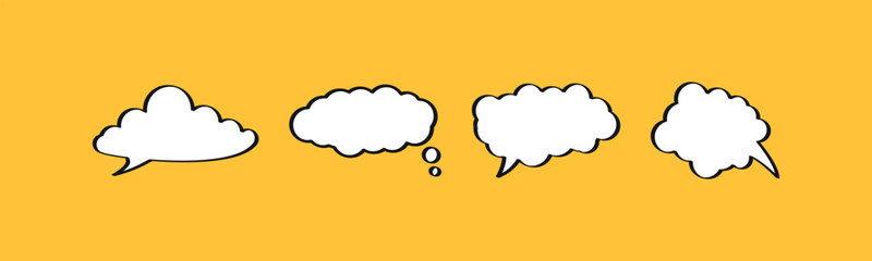 Cloud thought bubble vector set. Fluffy speech boxes with black outline. Perfect for creative themes, comics, and ideas