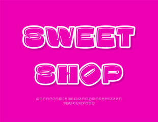 Vector Marketing poster Sweet Shop. Fashion Glossy Font. Amazing Pink Alphabet Letters and Numbers set.