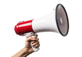 Hand holding red and white megaphone, communication announcement  promotion concept isolated on transparent background