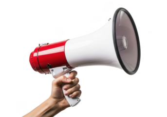 Hand holding red and white megaphone, communication announcement  promotion concept isolated on transparent background
