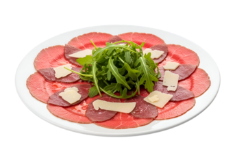 Appetizing beef carpaccio slices artfully arranged on a white plate with fresh arugula and parmesan cheese.